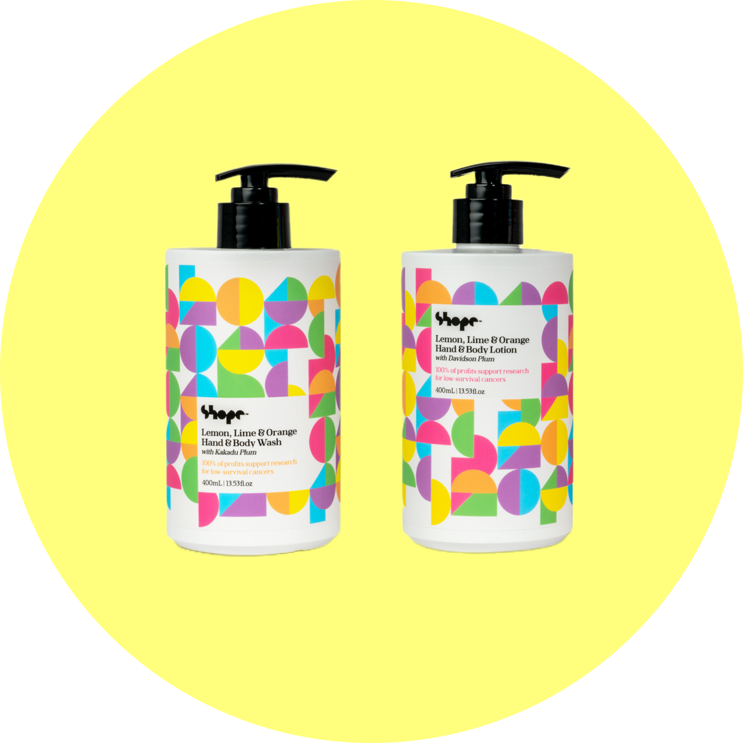 Unboxed SHOPE lemon lime and orange hand and body wash and hand and body lotion, inside brown shipping box with yellow circle background.