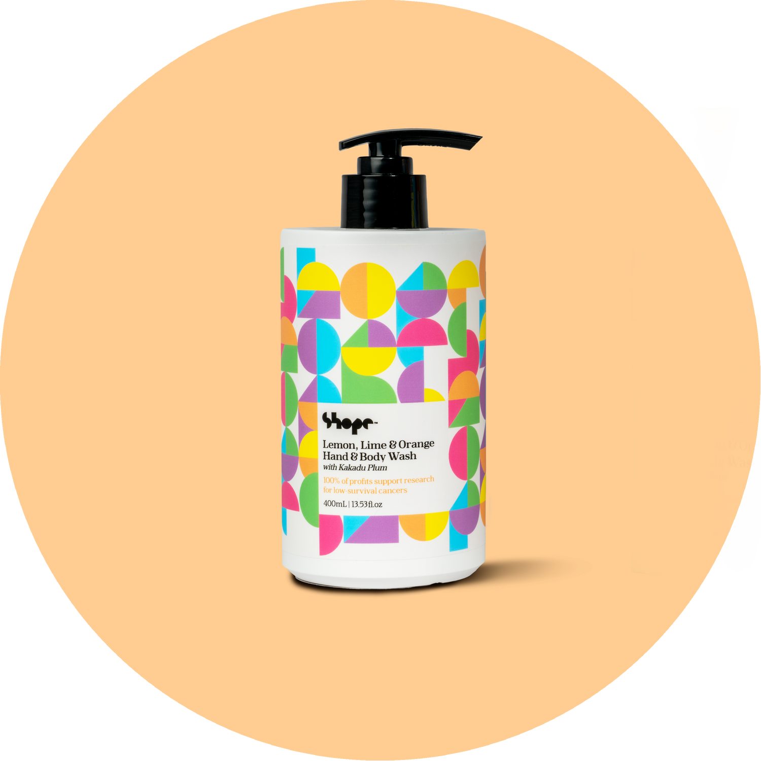 SHOPE lemon lime and orange hand and body wash unboxed against orange circle background