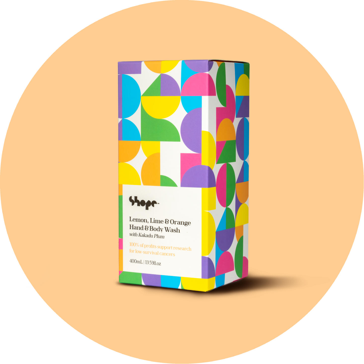 SHOPE lemon lime and orange hand and body wash boxed against orange circle background