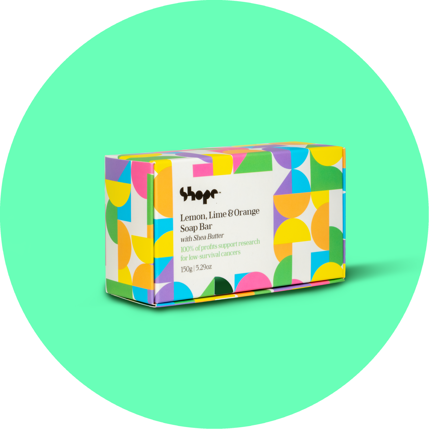 Boxed SHOPE soap bar against green circle background.