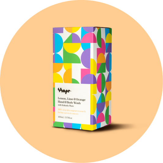 SHOPE lemon lime and orange hand and body wash boxed against orange circle background