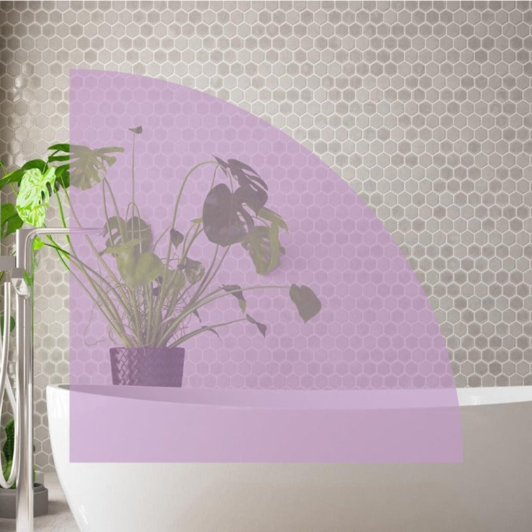 White bath with silver tap and large plant set in a black pot, against honeybee wall tiles overlaid with a purple quarter circle shape.