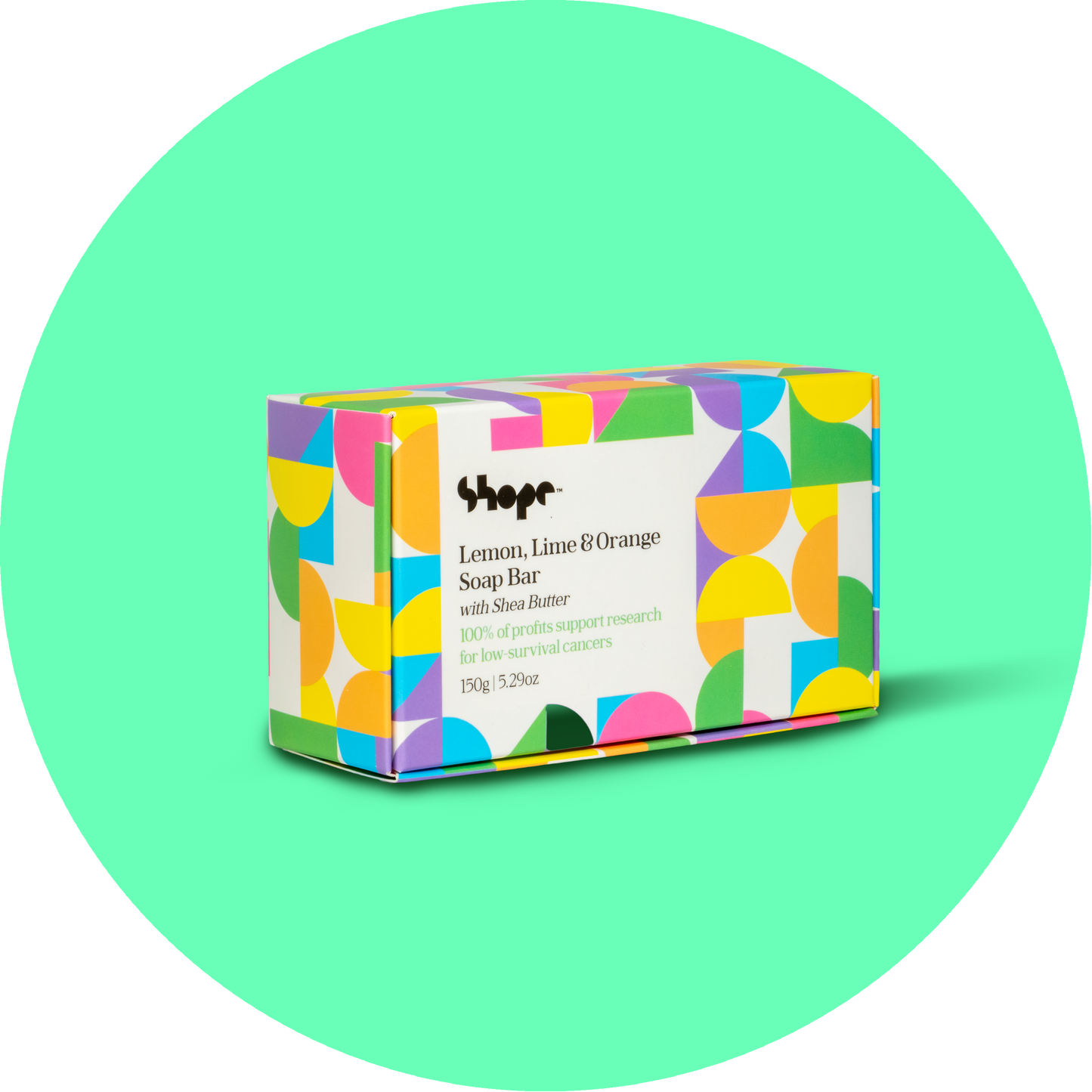 Boxed SHOPE soap bar against green circle background.