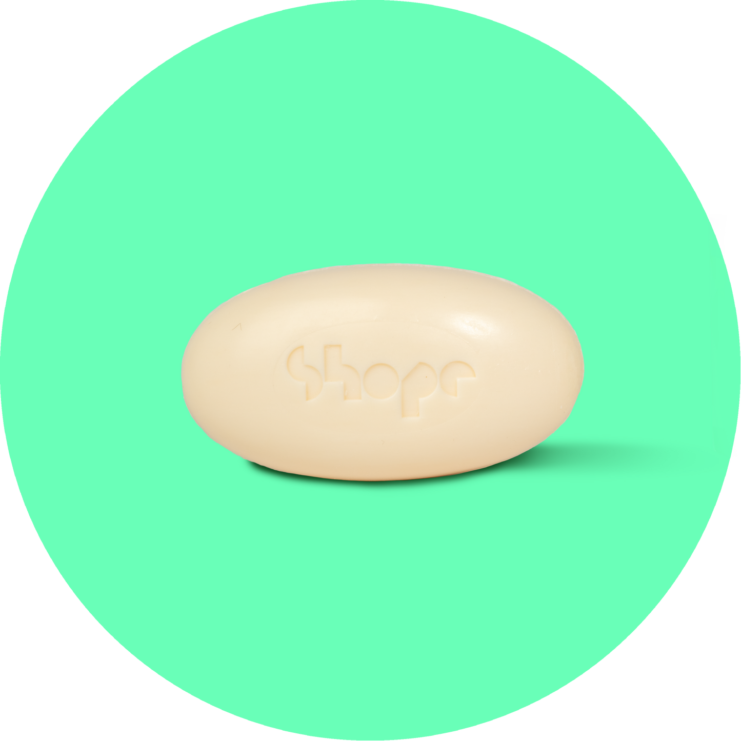 Unboxed SHOPE soap bar against green circle background.